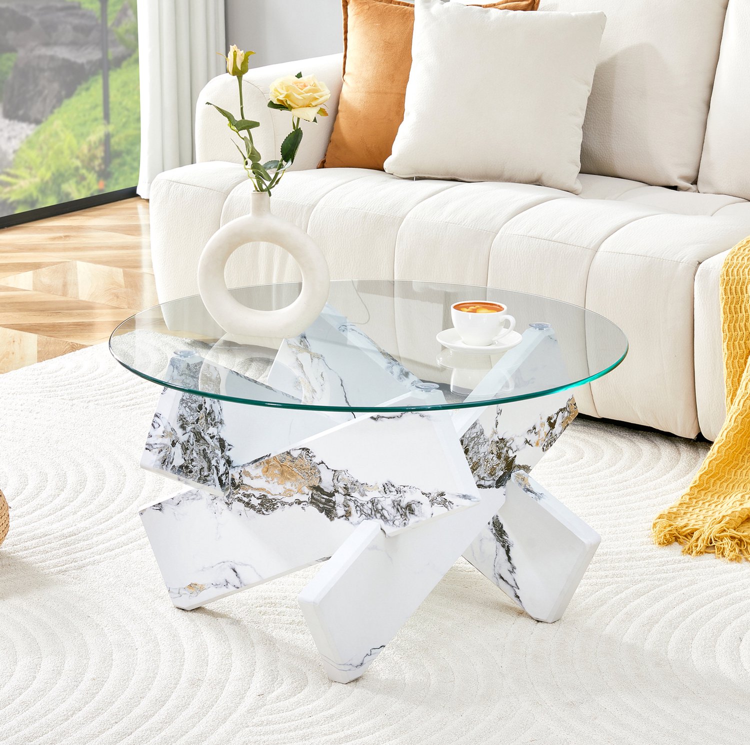 MIVRAY Salontafel - Rond Tafelblad van Gehard Glas - Kruisvormig MDF Onderstel met Witte Marmerlook - voor Woonkamer - Diameter 79 Cm Transparant