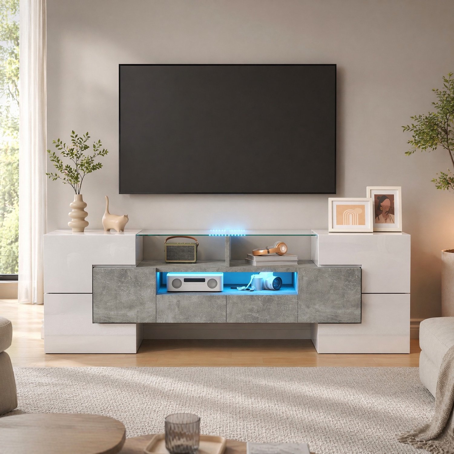Maisentiel TV-meubel 145 cm - hoogglans wit en betonlook - met meerkleurige LED-verlichting Hoogglans wit en betonkleur