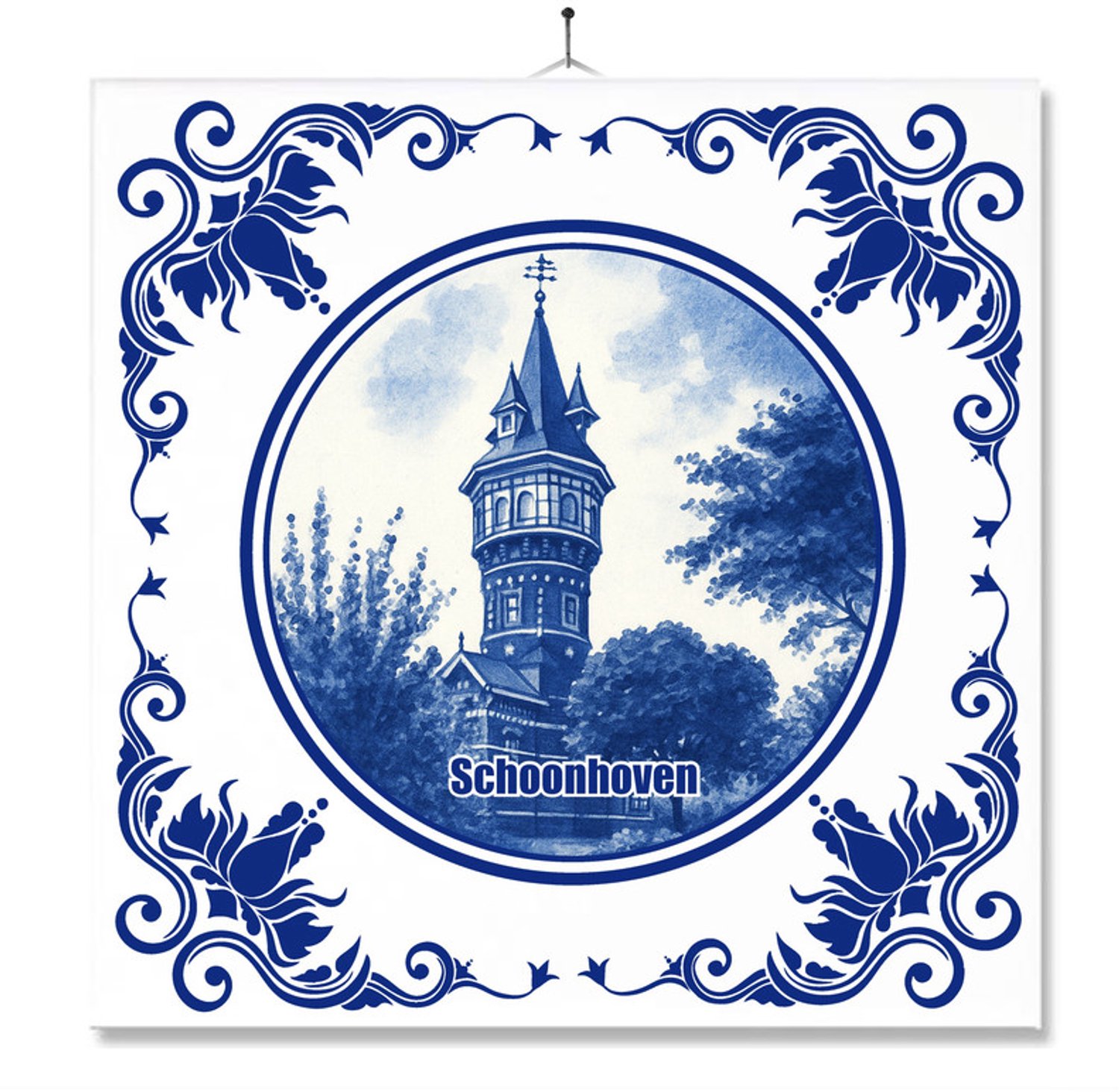 MC Living Tegel Met Opdruk | Schoonhoven | Delft Blauw | Cadeau | Inclusief Geschenkdoos | Standaard | Ophangsysteem Multi-Color