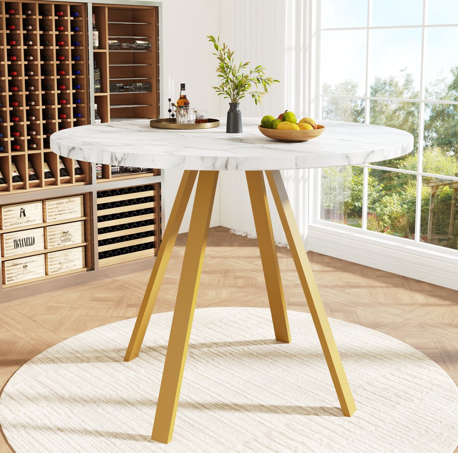 Maisentiel Ronde eettafel 80 x 80 x 75 cm - wit marmerpatroon - gouden metalen poten