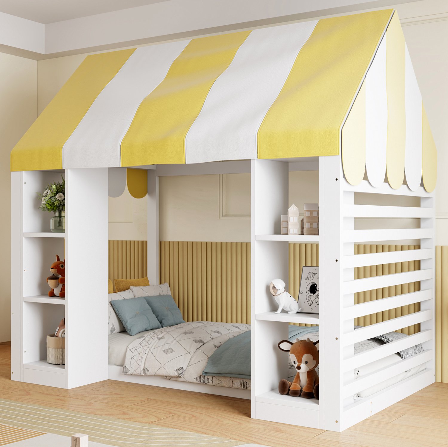 Maisentiel Kinderhoogslaper met hemelconstructie en opbergvakken - 90 x 200 cm - wit