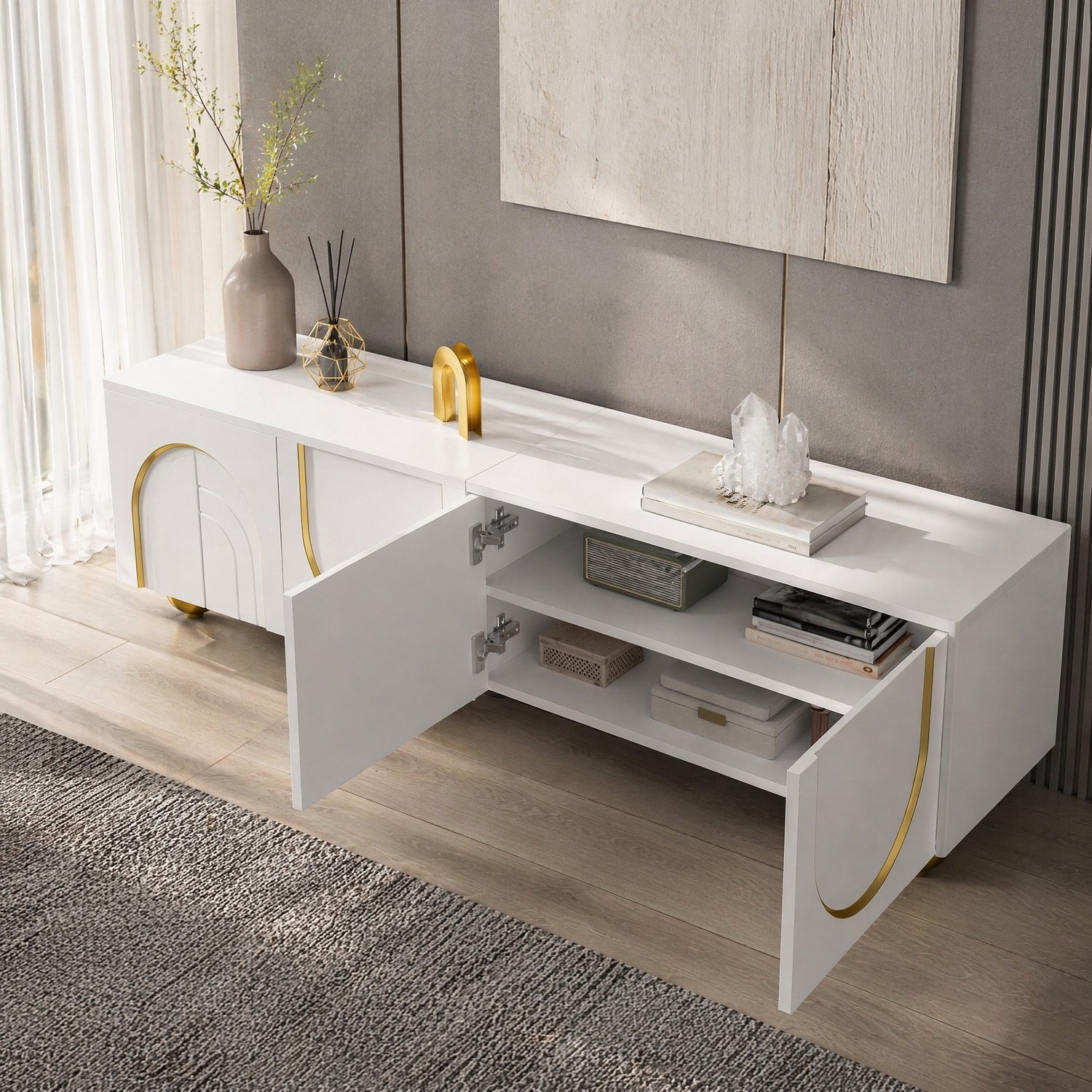 Maisentiel Tv-meubel van spaanplaat - wit en goud - 170 x 38 x 44 cm - 4 deuren