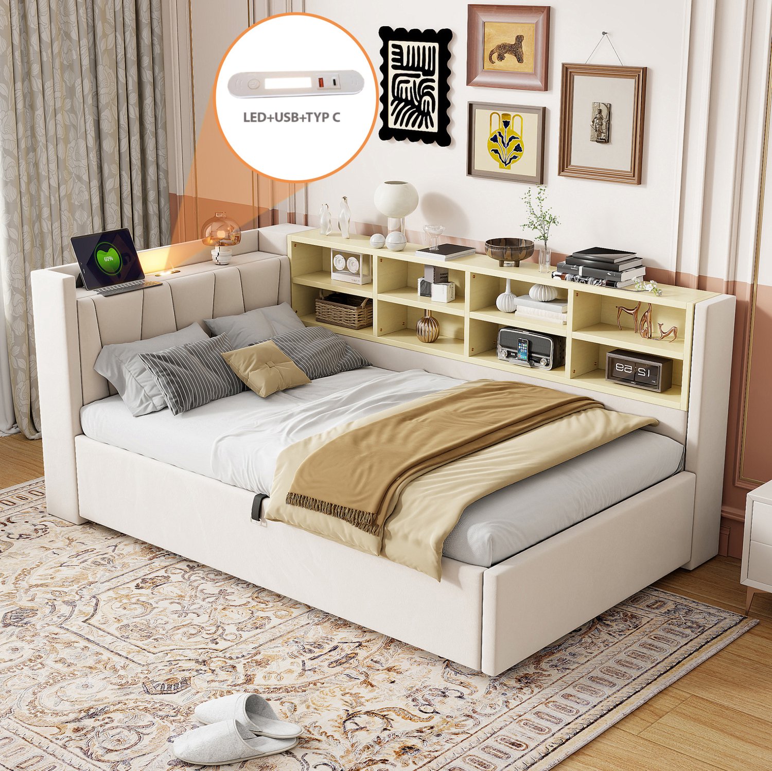 MODFU Slaapbank - Hydraulische Opbergruimte - Nachtlampje - Fluweel - Beige - 90 X 200 Cm