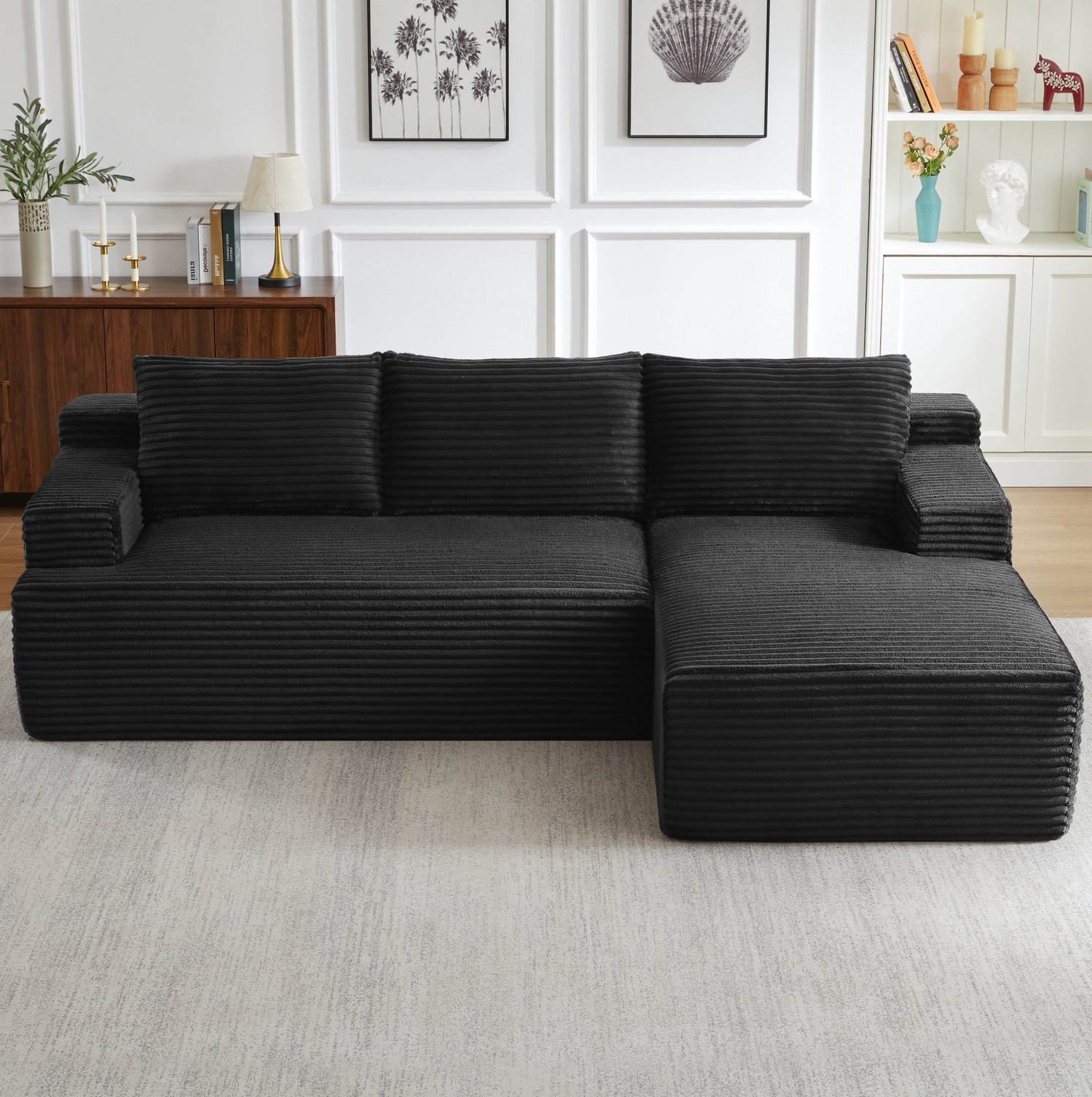 Wishdor Hoekbank - L-vormige modulaire bank met slaapfunctie - Diepe zit met schuim en pocketveren - Zonder montage - Woonkamer appartement logeerkamer - Ribfluweel - Zwart