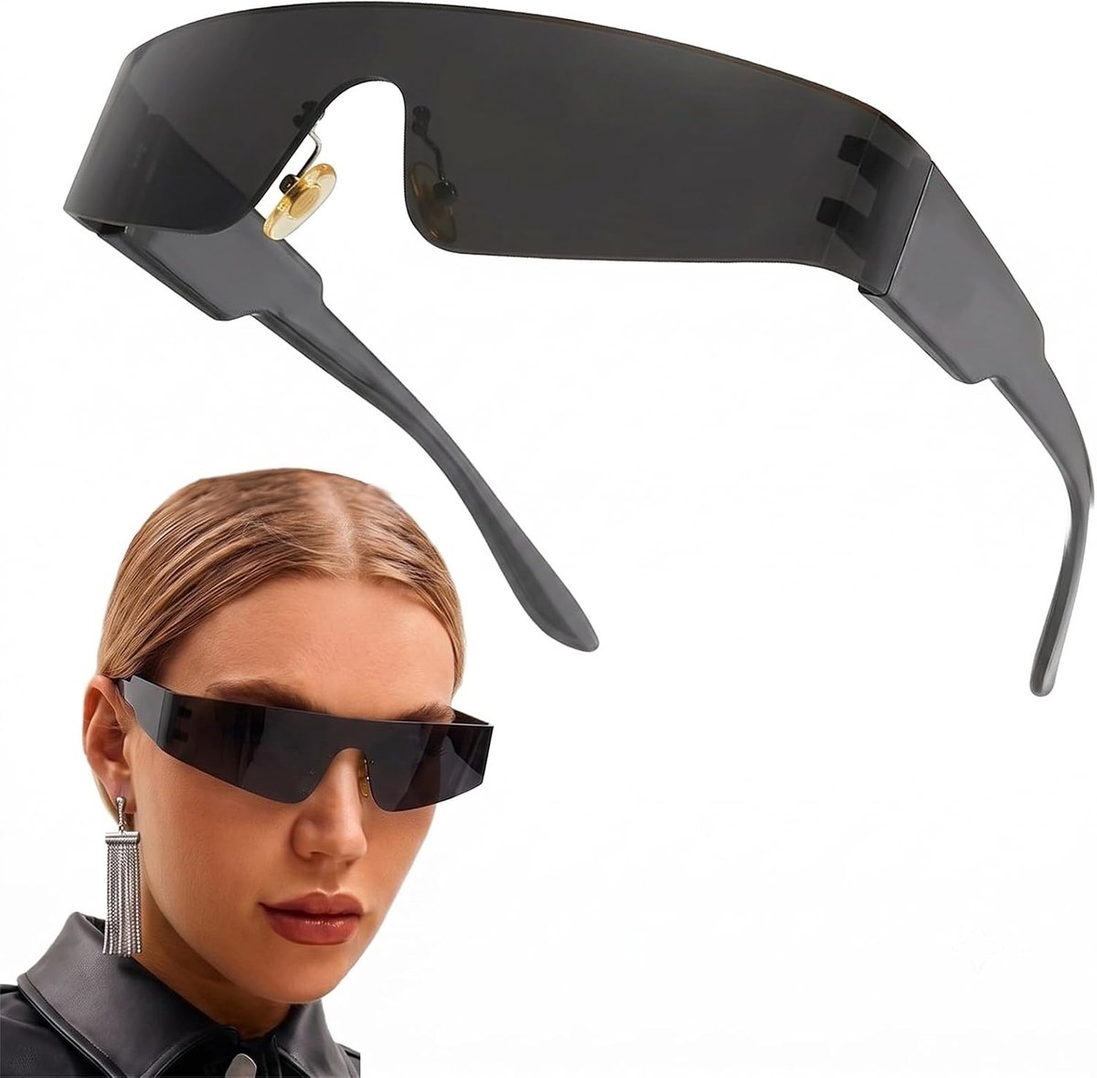 Zonnebril rave-bril - snelle bril voor techno festival & party, Y2K zonnebril heren dames, retro cyberpunk space bril, grappige partybril, zwart, alienkostuum