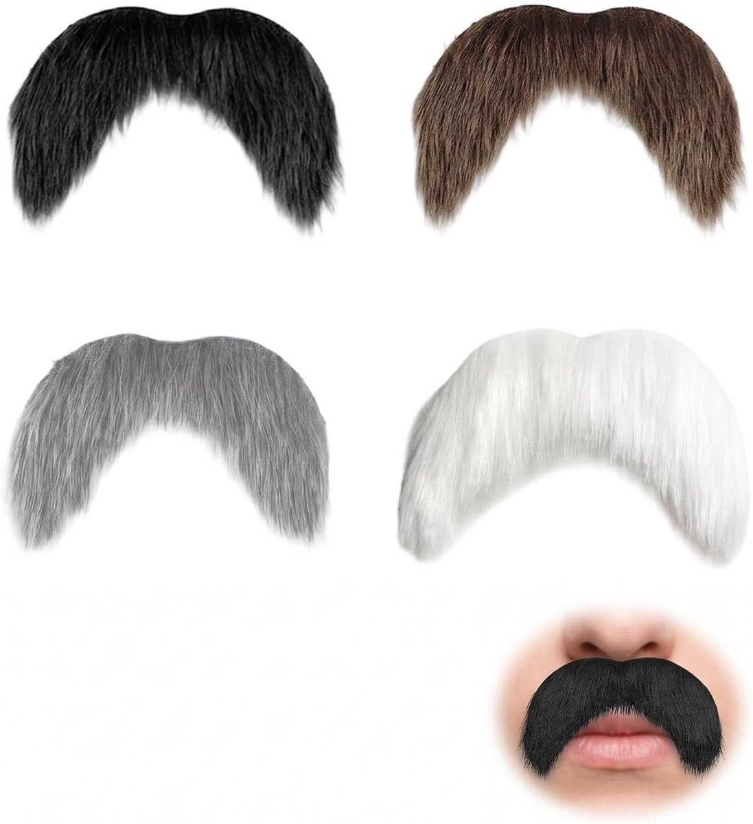 Set van 4 zelfklevende kunstsnorren voor volwassenen en kinderen, ideaal voor Halloween, kostuums, carnaval, theater, cosplay en feestjes (meerkleurig)
