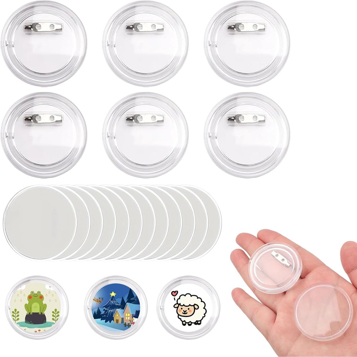 6 stuks gepersonaliseerde acryl reversspelden, 44 mm, rond, transparant, om te knutselen, voor kleding, met 10 witte papieren cirkels