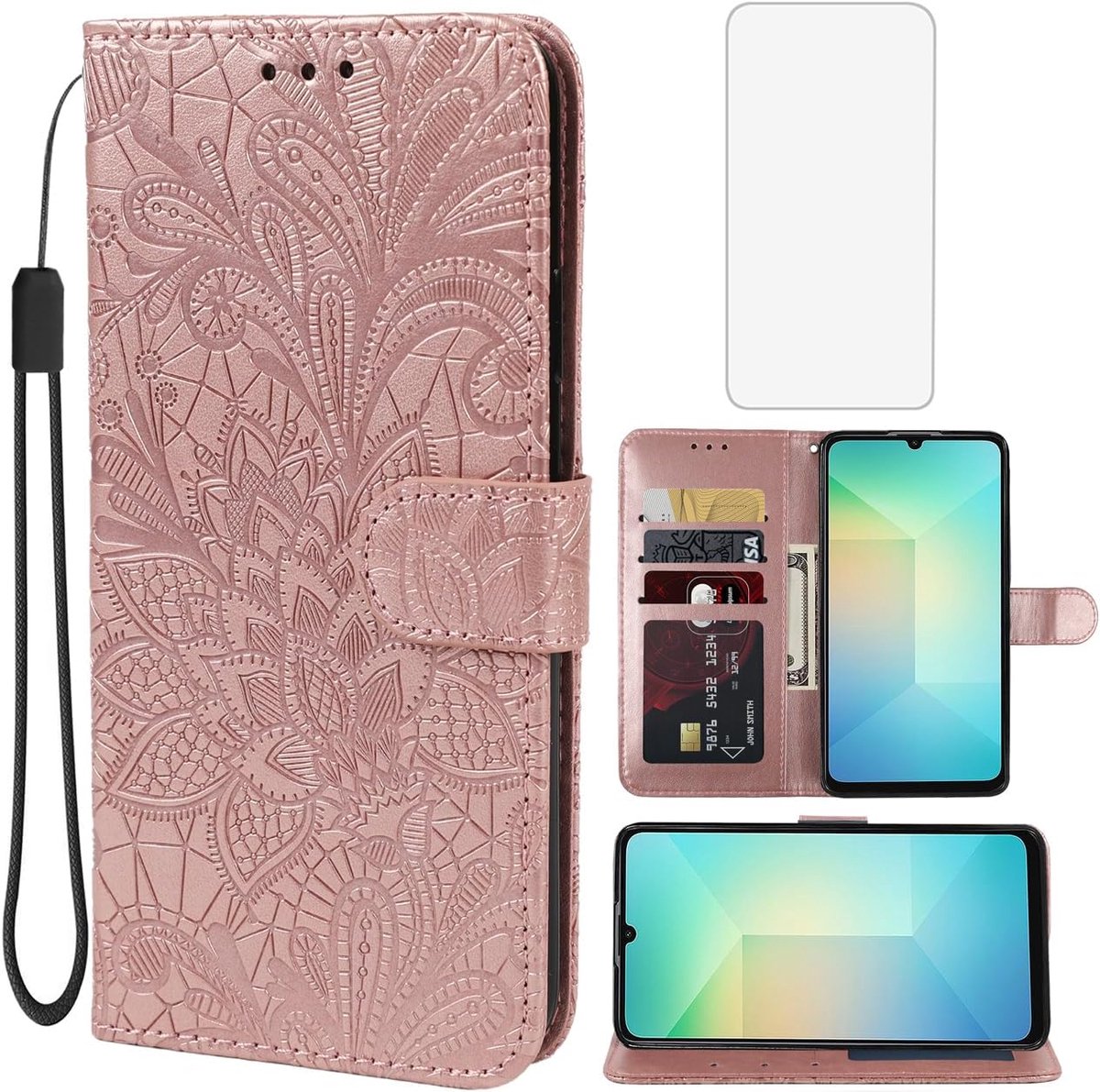 Hoesje voor Galaxy A06 4G/5G/Galaxy A07 4G/5G SM-A065F portefeuillehoesje met schermbeschermer van gehard glas, kanten bloem, PU-lederen flip creditcardhouder telefoonhoesje voor Samsung Galaxy
