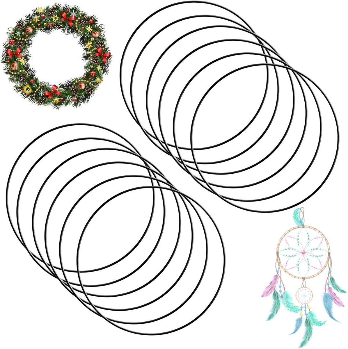 12 stuks metalen ringen om te knutselen, 30 cm, metalen ring, zwart, draadringen om te knutselen, decoratieve ringen om op te hangen, dromenvanger-ringen voor dromenvangers, bloemen
