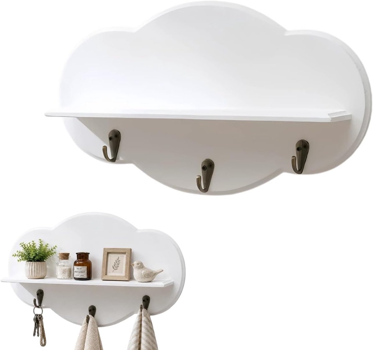 Planken, wandgarderobe met 3 haken, wolken, wandrek, grenen wandrek met haken, boekenrek voor wandrek, zwevend rek voor decoratie, boekenplank, wandrek