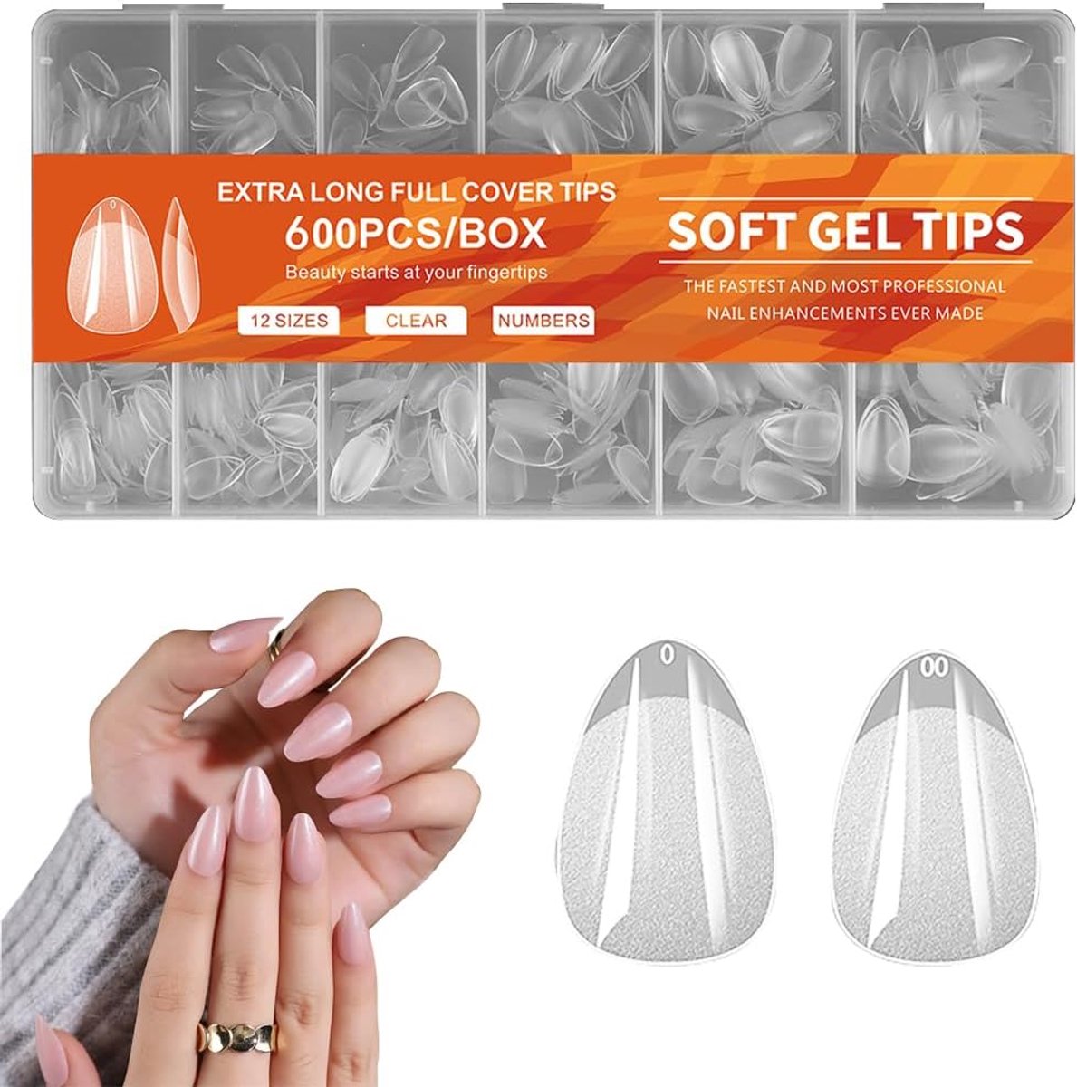 600 Stuks Soft Gel Tips Full Cover Kunstnagels Extra Lang Nageltips Half Matige Nagel Valse Nagels Manicure Tips Salon Nagelverlenging Met 12 Maten Genummerd (C)