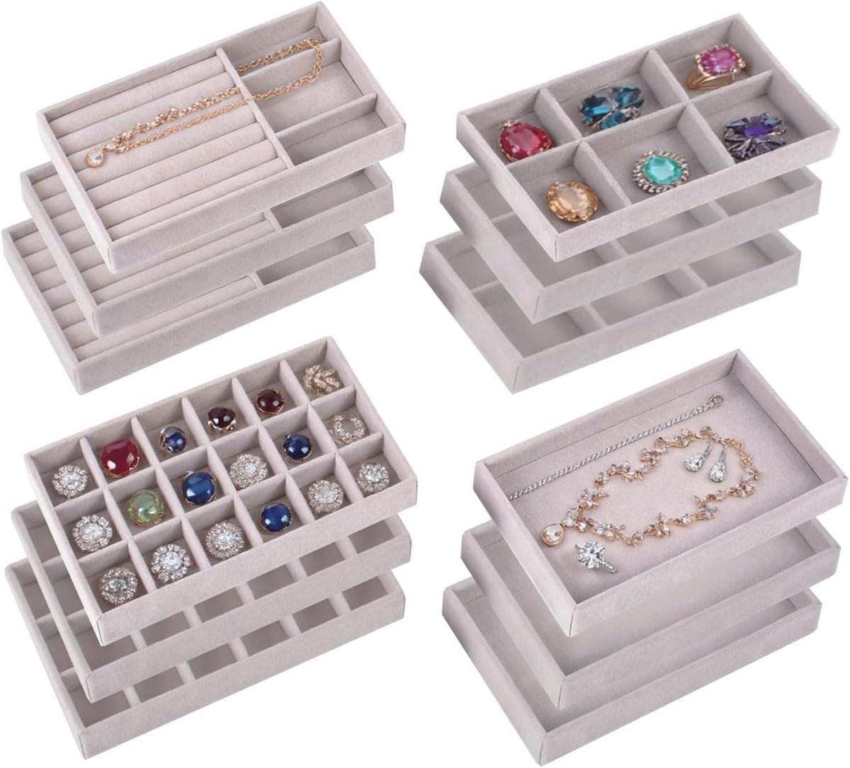 Pack of 12 Velvet Jewelry Organizers, Stackable Drawer Inserts with Removable Dividers Jewelry Storage for Earrings - ShopVlot