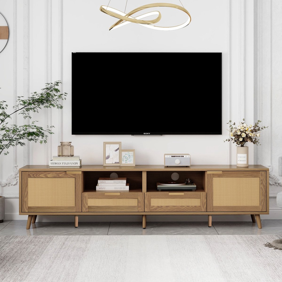WUVRIE TV-meubel 200x37x49 cm - 2 deuren en 2 lades - Kunststof rotan - Eiken Oak