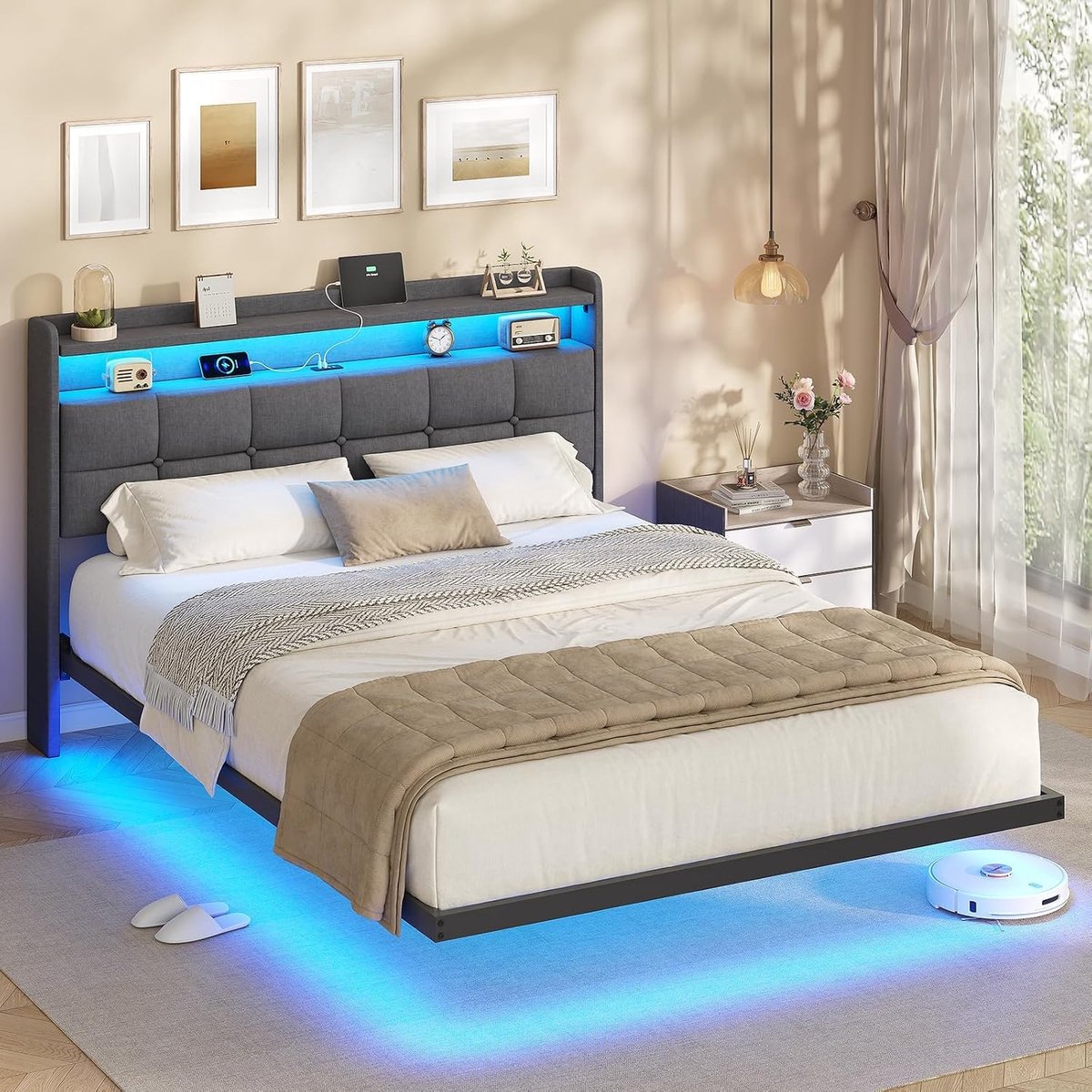Bedframe 140 x 200 cm met zwevend effect, LED-verlichting en oplaadstation, gepolsterde hoofdkast en metalen frame, donkergrijs - Industrohome