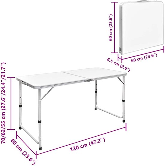 vidaXL - Campingtafel - inklapbaar - en - verstelbaar - aluminium - 120 - x - 60 - cm - 4 - stoelen van Merkloos — afbeelding 2