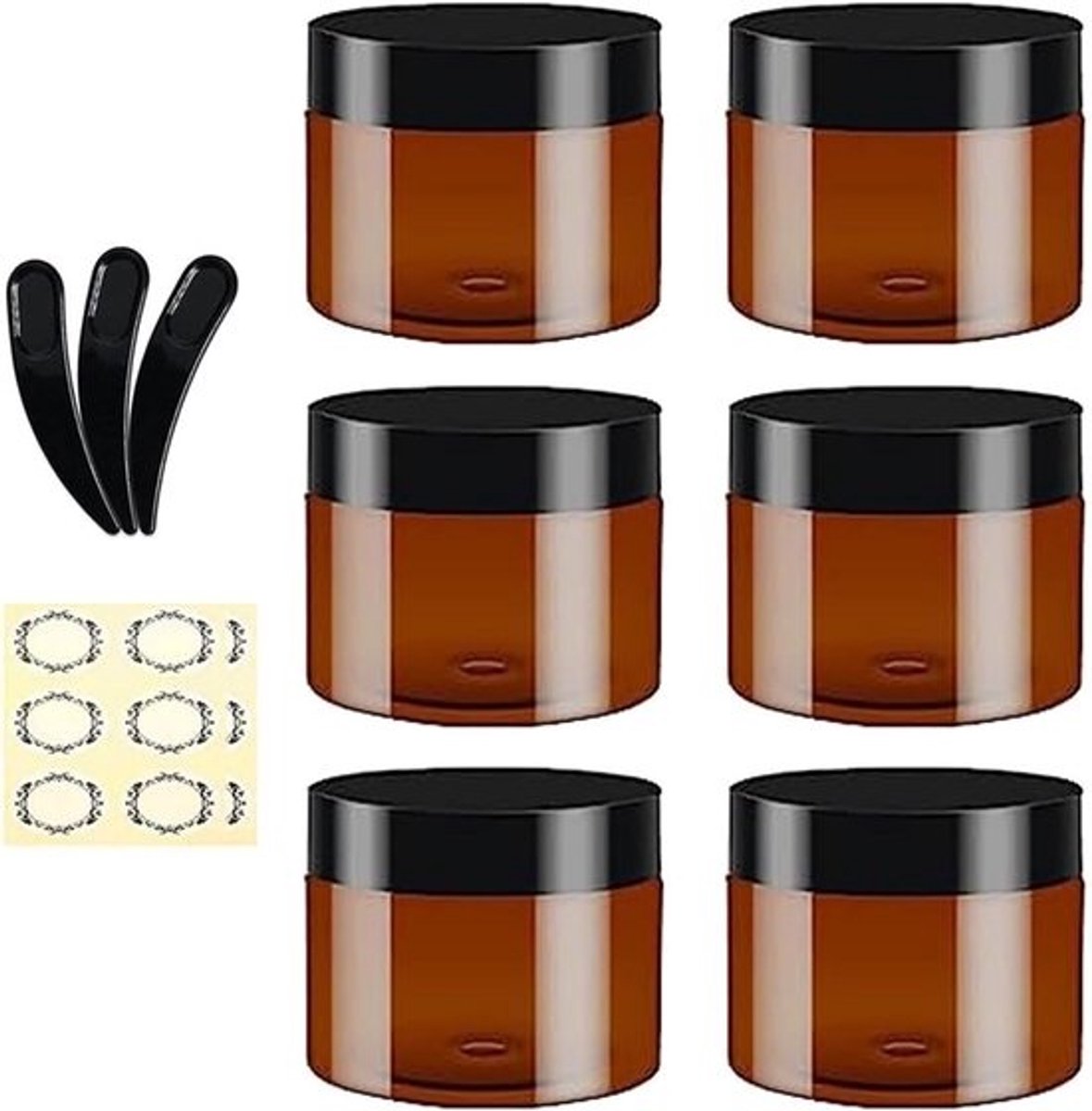 Set van 6 amberkleurige plastic potjes van 100ml - Met zwarte deksels, 3 spatels en 6 labels
