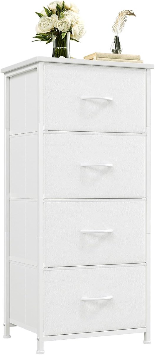 SnelShoppen - Chest of Drawers met 4 Lades, Stalen Frame, Witte Dresser voor Slaapkamer, Woonkamer, Kinderkamer, 30x42x93 cm