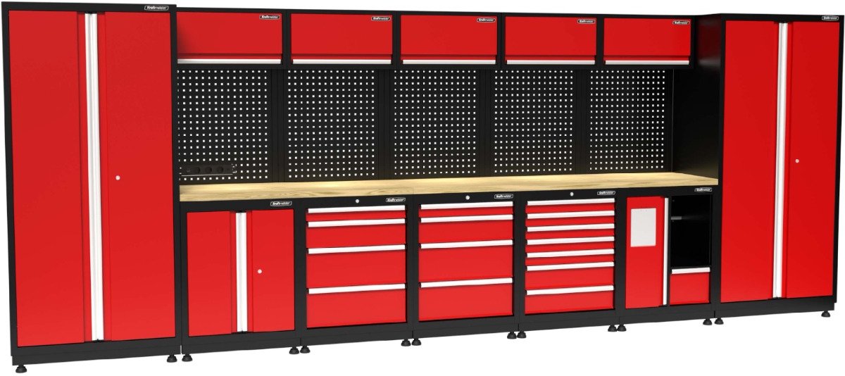 Kraftmeister werkplaatsinrichting - Werkbank met 5 wandkasten, 2 werkplaatskasten en eiken werkblad - Werktafel met 15 laden, 1 opbergkast, 1 prullenbak en gereedschapswand - Complete set voor werkplaats of garage - Rood