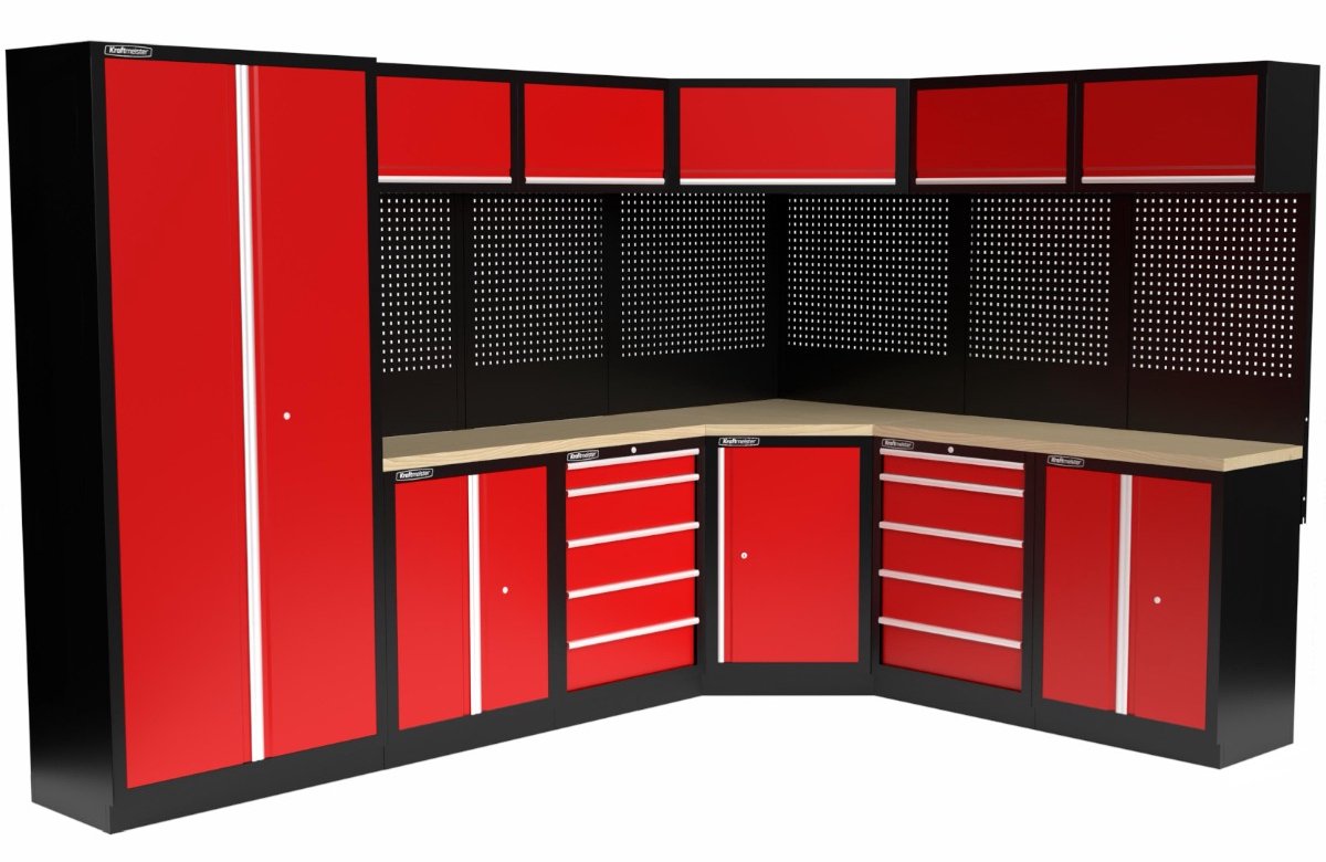 Kraftmeister werkplaatsinrichting - Werkbank met 5 wandkasten, 1 werkplaatskast en multiplex werkblad - Werktafel met 8 laden, 3 opbergkasten en gereedschapswand - Complete set voor werkplaats of garage - Rood