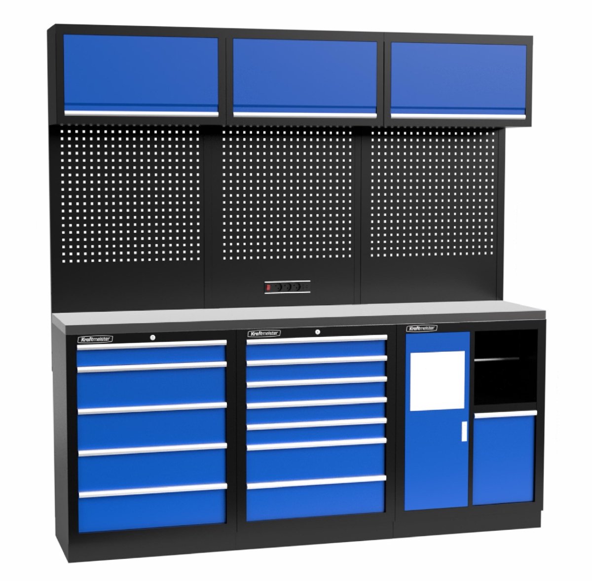 Kraftmeister werkplaatsinrichting - Werkbank met 3 wandkasten en RVS werkblad - Werktafel met 12 laden en gereedschapswand - Complete set voor werkplaats of garage - Blauw