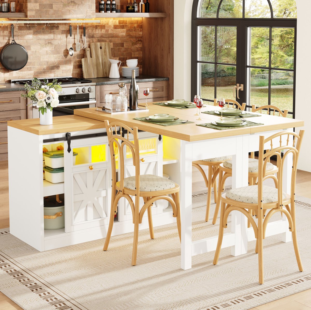 OKWISH Eettafel - Uitschuifbaar Keukeneiland En Dressoir - 360 Graden Draaibaar - RGB Ledverlichting - Wit MDF En Glas - 120-197 x 40 x 72 cm