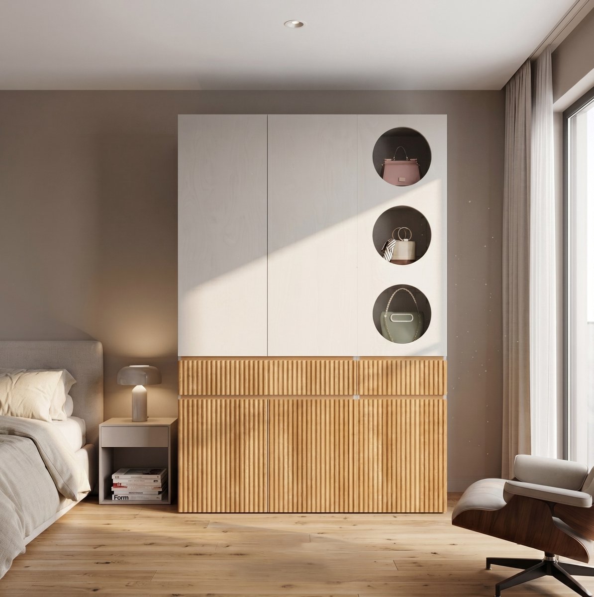 OKWISH Kledingkast - 6 Draaideuren met Kledingroede en 2 Laden - voor Slaapkamer of Hal - MDF Lichtgrijs Natuurlijk - 135 x 50 x 200 cm