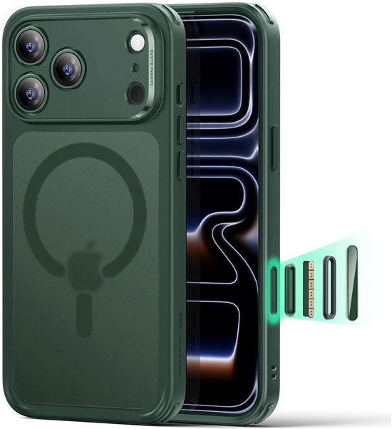 Groene iPhone 14 Pro Max hoes met MagSafe-ring, camera-afdekking en 'ESR' logo.
