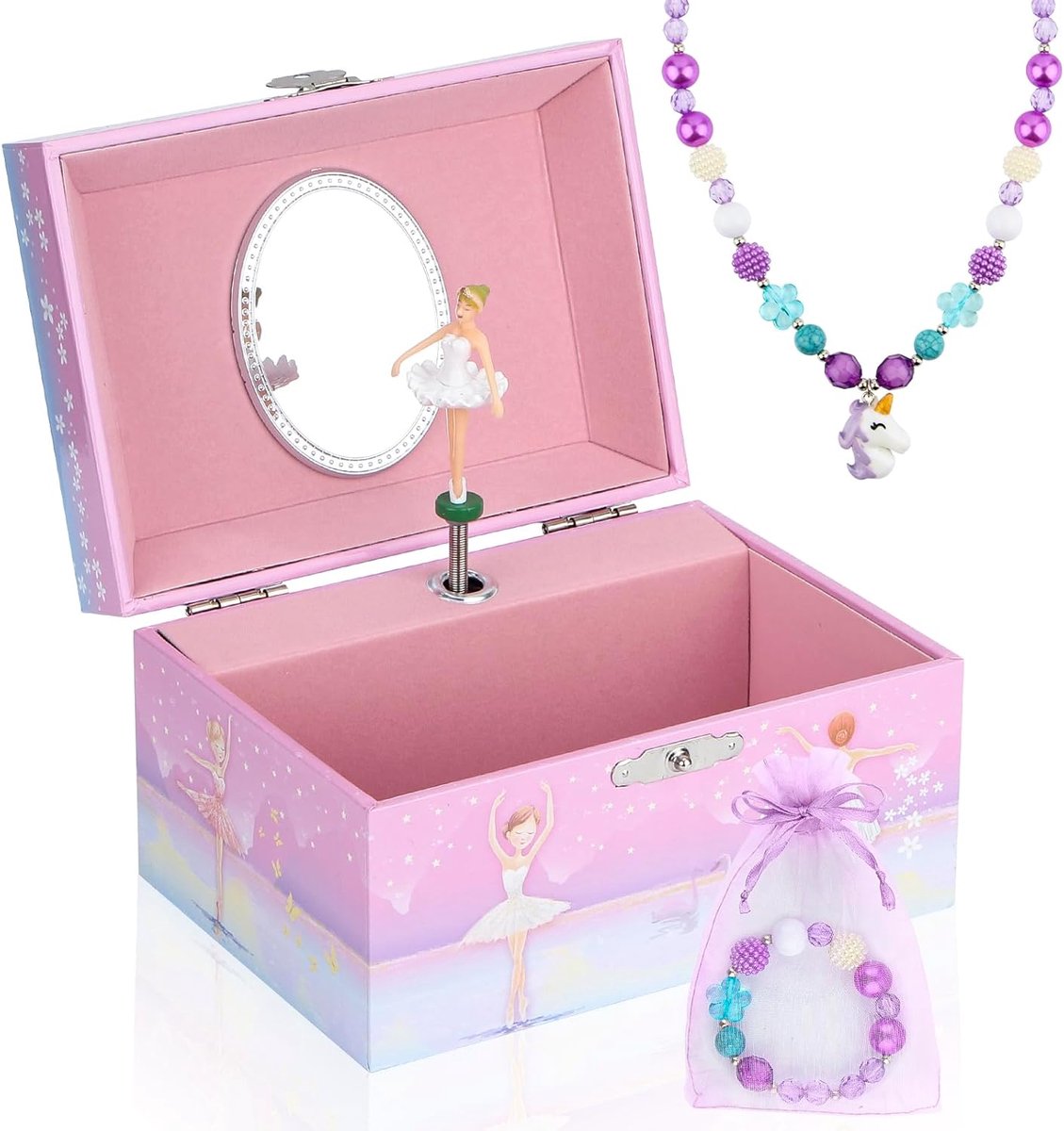 SnelShoppen - Muzikaal Sieradendoosje voor Meisjes met Draaiende Ballerina, Sieradendoos voor Kinderen met Ketting en Armband, Verjaardagscadeau voor