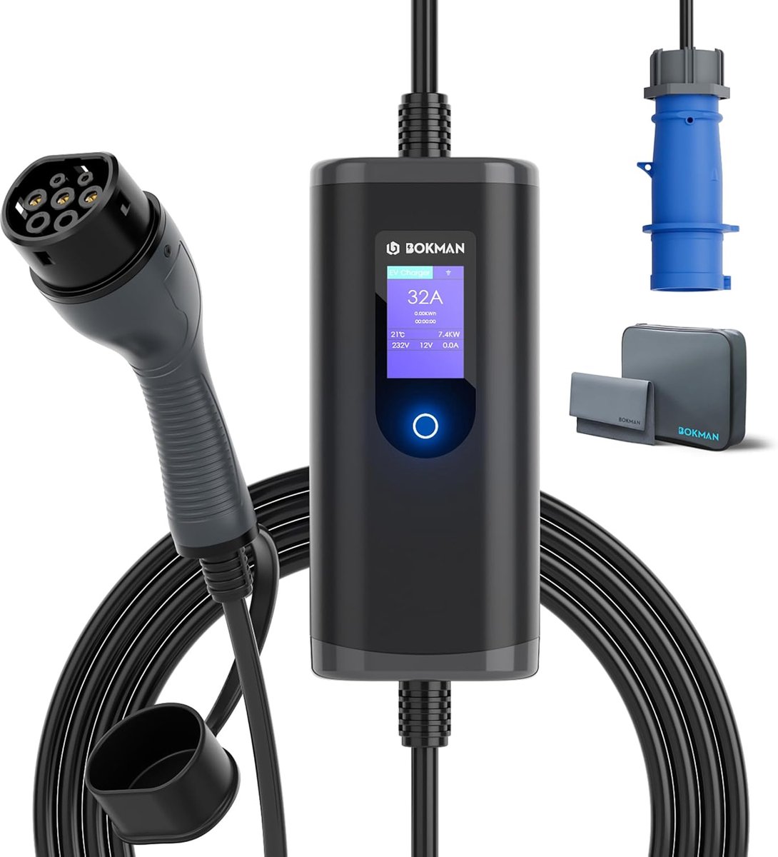 SnelShoppen - EV Charger Type 2 naar CEE Plug - 5M / 7.4kW / 6-32A Instelbare Stroom / 1 Fase / IP65 Waterproof - Elektrische Auto Oplaadkabel voor Th