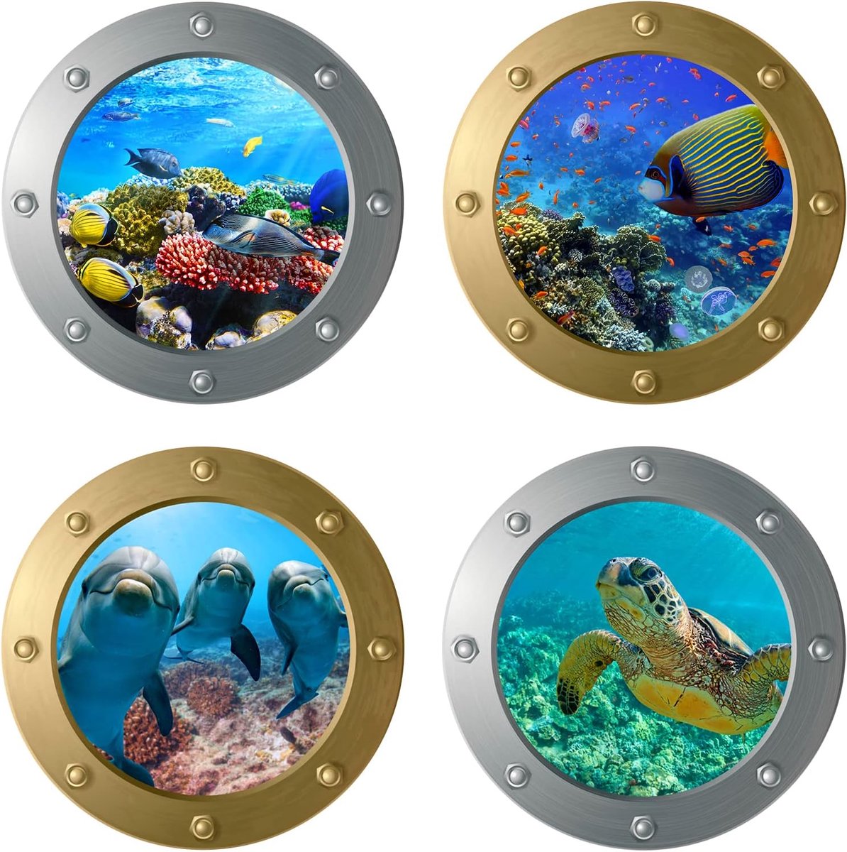 SnelShoppen - 4 Stuks Onderwater 3D Wandstickers, Porthole Onderwater Wereld Ocean Natuur Landschap Wanddecoratie voor Kinderen, Blauw, Waterproof, Ve