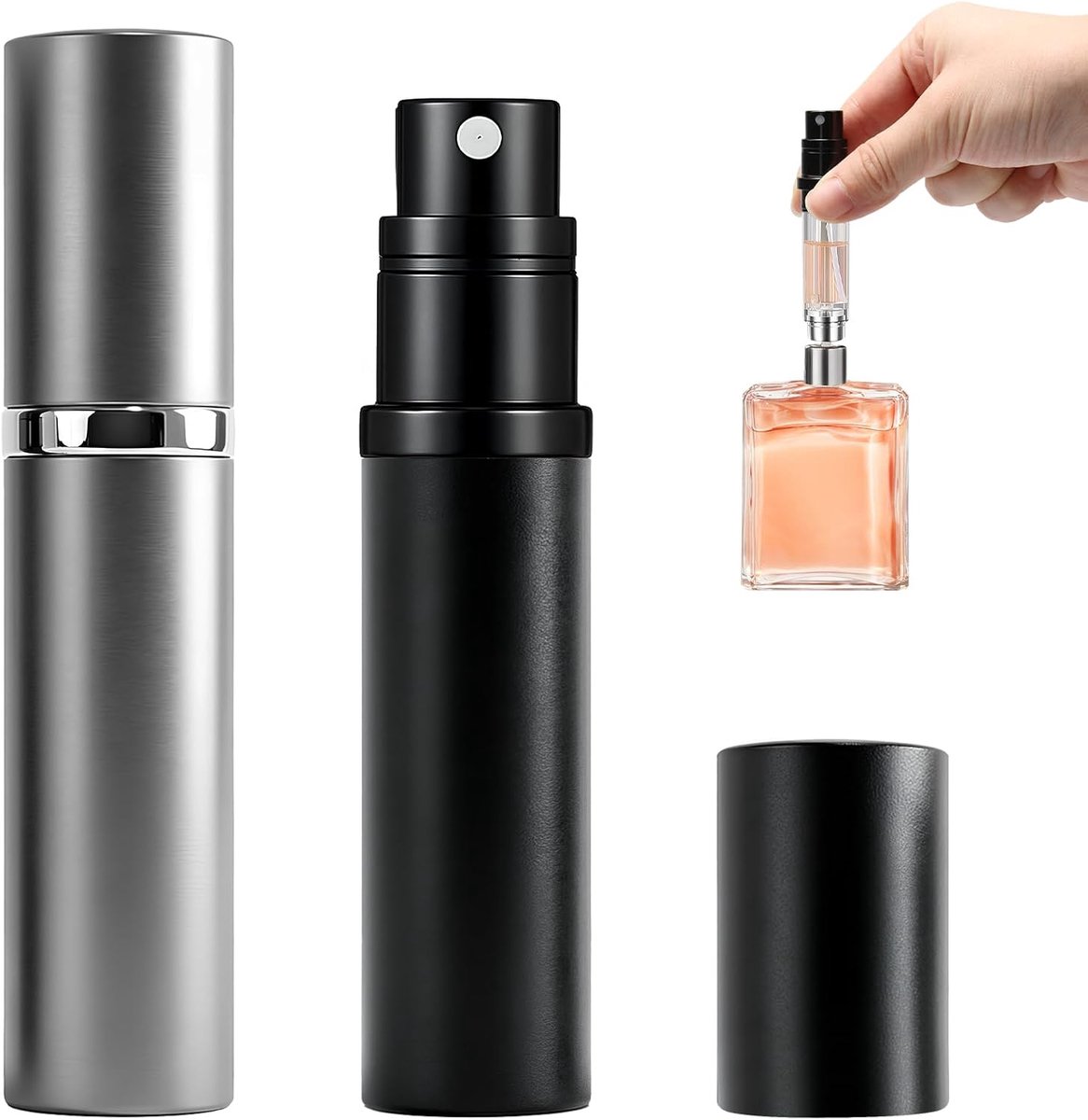 Verstuivers van 5 ml voor op reis, zwarte en zilveren lege spuitflessen, navulbare parfumcontainers voor parfummonsters en navullingen op reisformaat