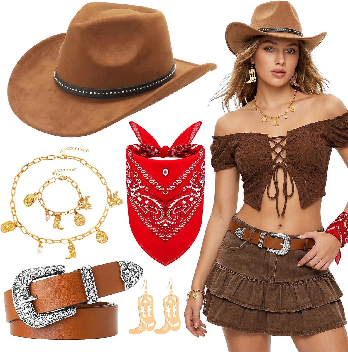 6 stuks cowboyhoedset voor dames, western cowgirl outfit dames met hoed armband halsketting oorbellen zakdoek riem cowboy kostuum accessoires set voor volwassenen party Halloween carnaval themafeesten