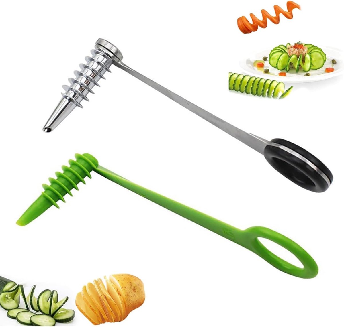 2 stuks spiraalsnijder, roestvrij staal en kunststof spiraalsnijder, draagbare spiraalsnijder, groentesnijder voor creatief fruit, aardappelen, wortelen, komkommers
