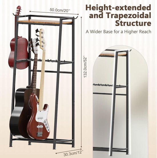2 verdiepingen gitaarhouder voor 5-7 akoestische gitaar, elektrische gitaar, bas, viool, ukelele, banjo platenspeler standaard, frame gitaaraccessoirestandaard (Zwart + Zwart) — afbeelding 4