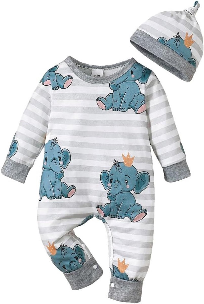 Romper met lange mouwen voor pasgeborenen met schattig cartoon-dier en muts