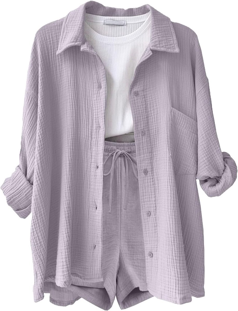 Tweedelig dames zomer mousseline blouse shorts 2-delig linnen hemd broekpak elegante lounge set licht loungewear pak tweedelig vrijetijdspak esthetische kleding strand outfit dameskleding