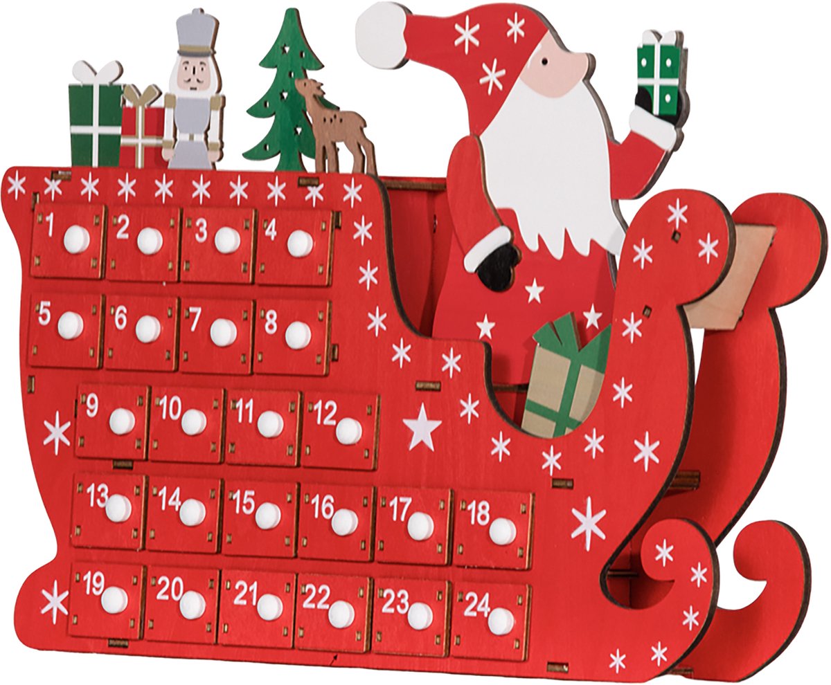 TEKROA®Houten Adventskalender met 24 Lades Kerstman met Slee Rood