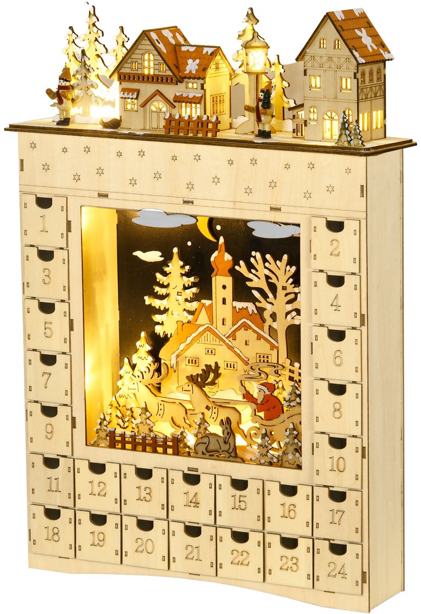TEKROA®Houten LED Adventskalender Sneeuwdorp 24 Lades Kerst 36x9x52 cm