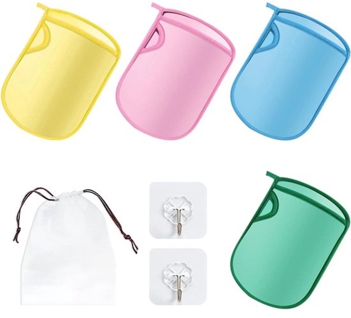 Badhandschoenen - Set van 4 stuks - Voor zachte peeling en opbergen - Geschikt voor volwassenen en kinderen - Handig en pijnloos - Inclusief haken en opbergzakken
