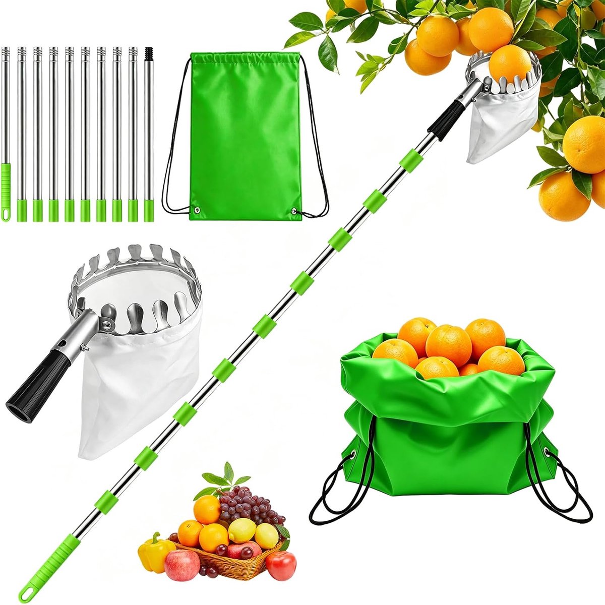 4M Fruitplukker met telescoopsteel, appelplukker met telescoopsteel, roestvrijstalen kersenplukker met telescoopsteel en katoenen zak, fruitplukker voor appels, pruimen, peren, citrus, groen