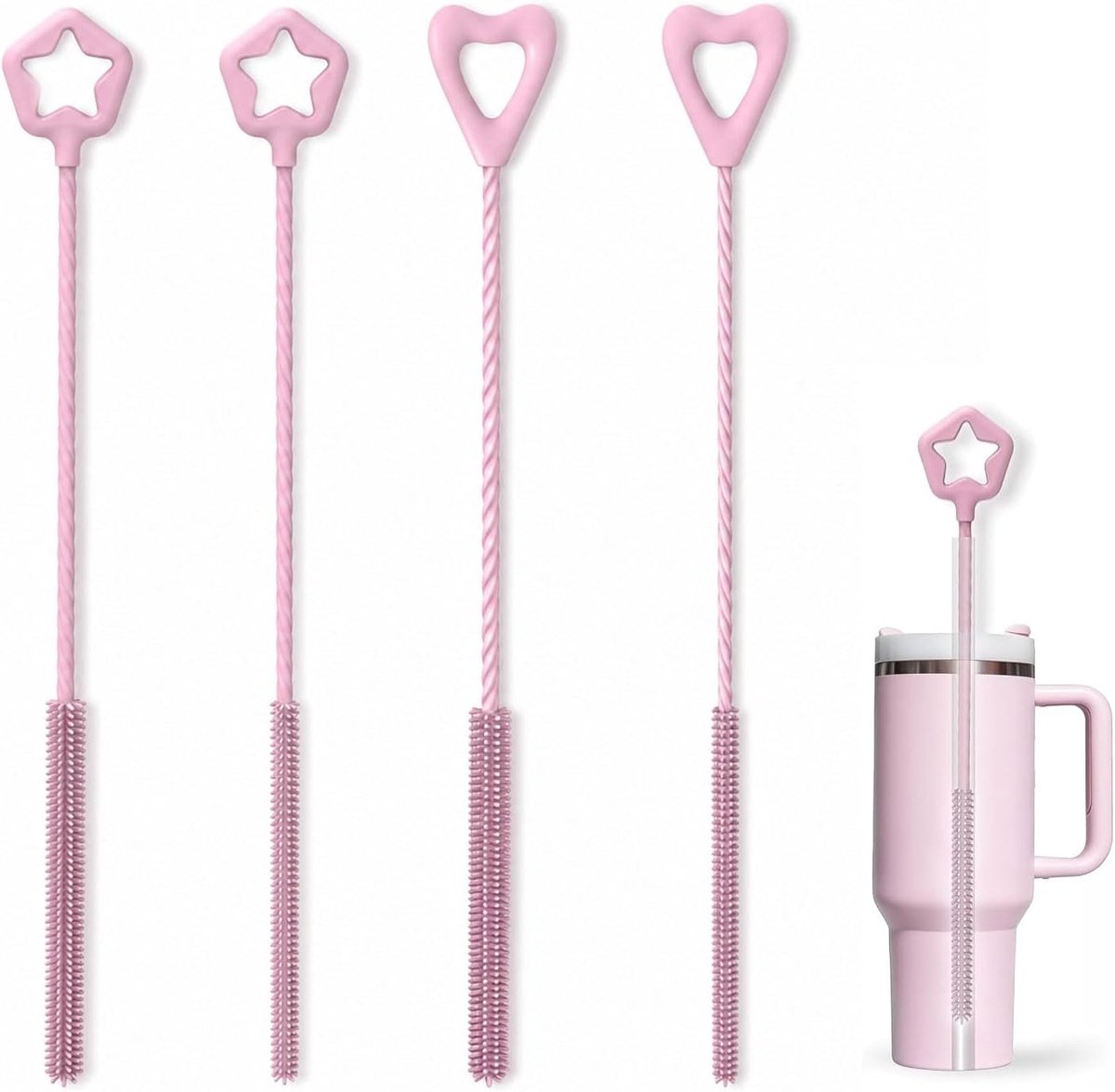 4 roze siliconen rietjesborstelset reinigingsborstel voor drinkrietjes
