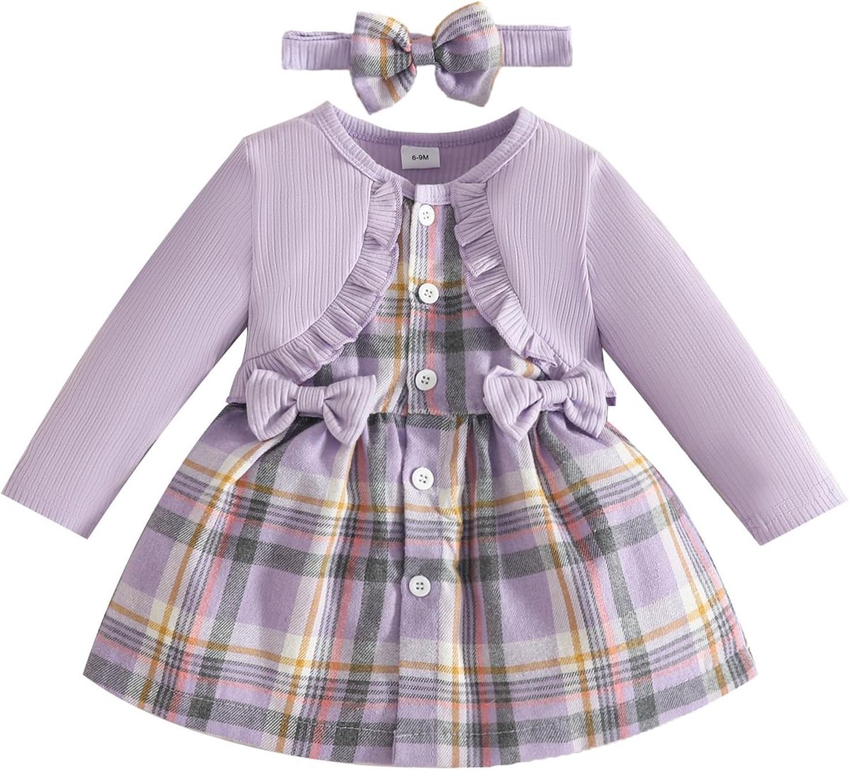 Kledingset voor babymeisjes, met lange mouwen, romper, jurk, geruit, outfit