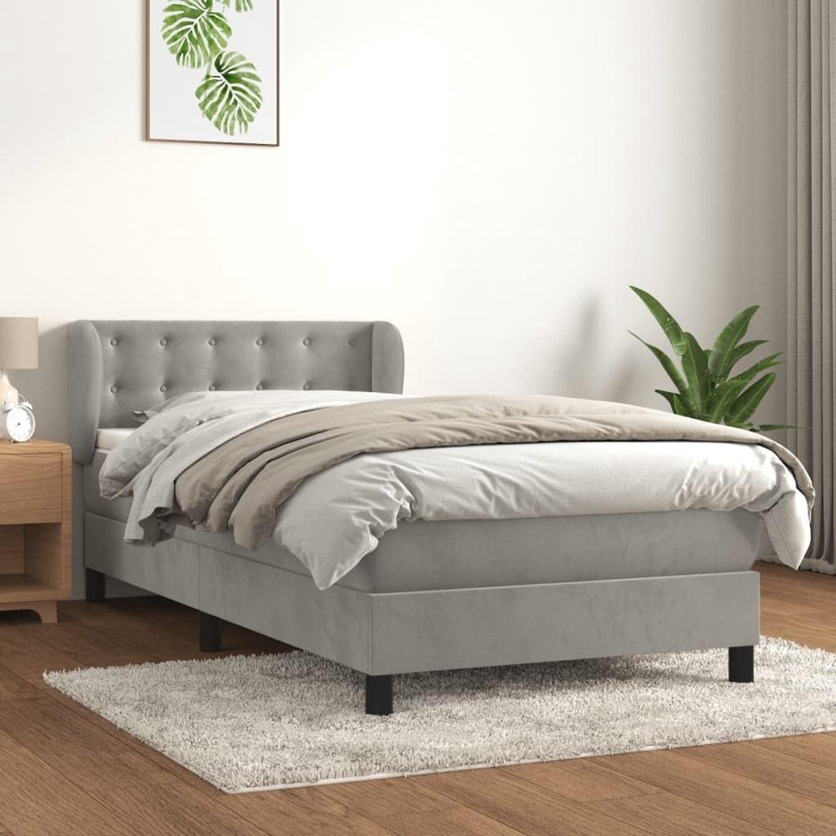 Boxspring met matras fluweel lichtgrijs 80x200 cm verstelbaar hoofdbord pocketvering matras huidvriendelijk stevigheid ideaal voor rugslapers hoofdeinde in hoogte verstelbaar