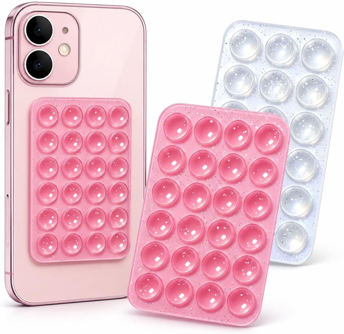 2 stuks fonkelende siliconen zuignappen telefoonhouder 5,6 x 8,1 cm zelfklevende houder voor spiegel, glas, selfies en video's