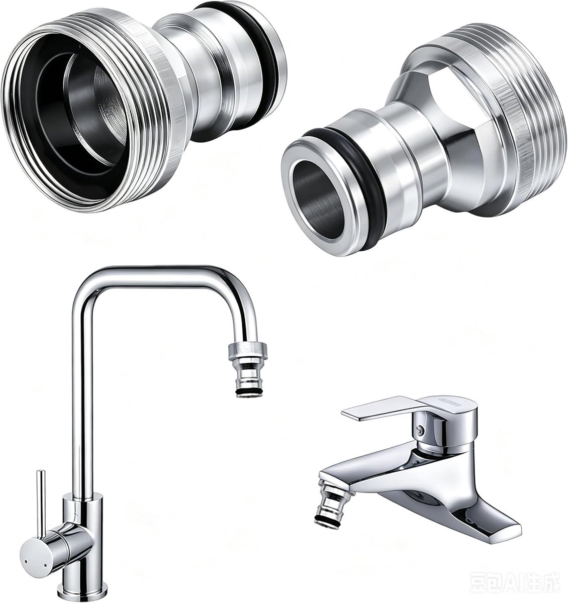 2 stuks kraanadapter, model volledig van messing geplateerd, kleur zilver, aansluiting voor tuinkraan, universele aansluitingen voor kraan, 22/24 mm