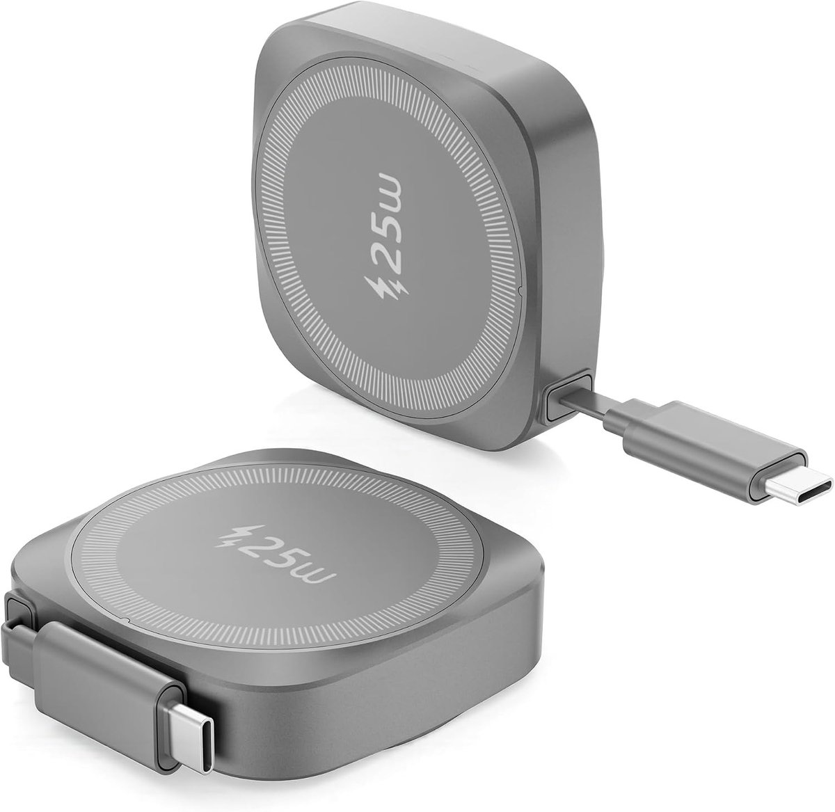 Draadloze Oplader met Magnetische Bevestiging en Inklapbare USB-C Kabel, Snelladen tot 15W voor iPhone, Samsung Galaxy en Qi-compatibele Apparaten