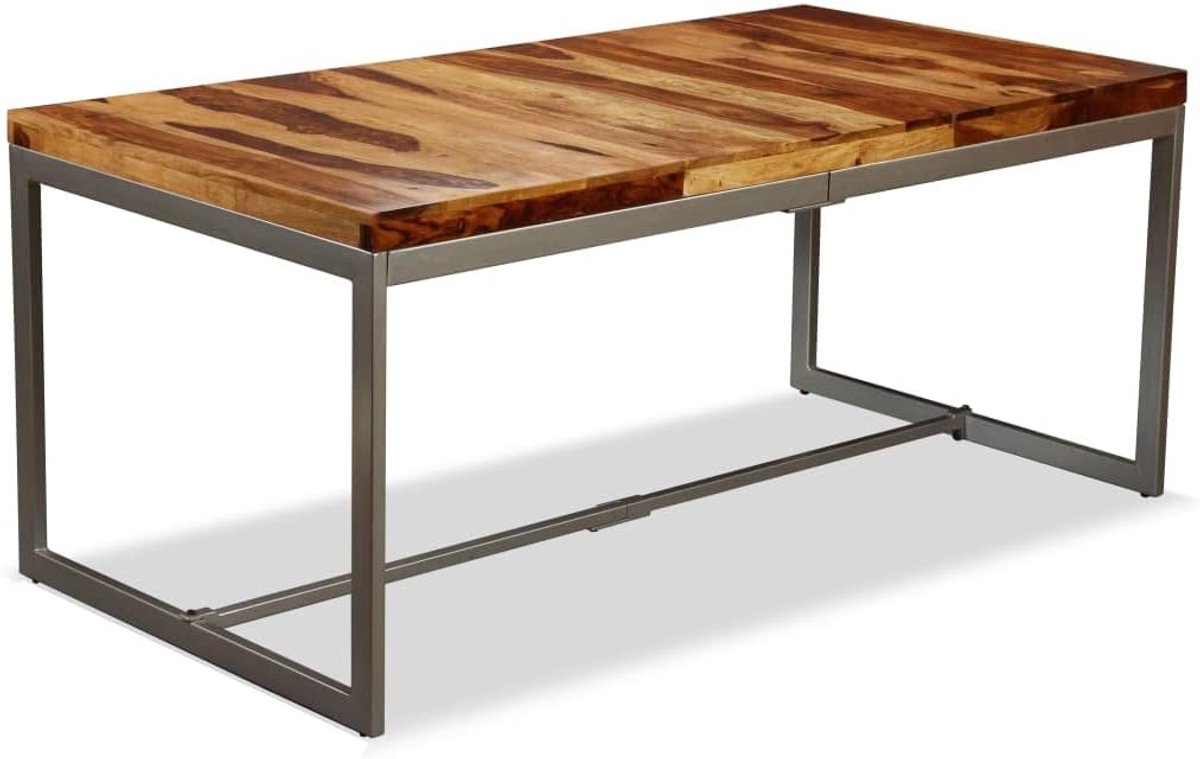 Eettafel van massief acaciahout en gepoedercoat staal, 180 cm, unieke houtnerf, industriële stijl voor keuken en eetkamer