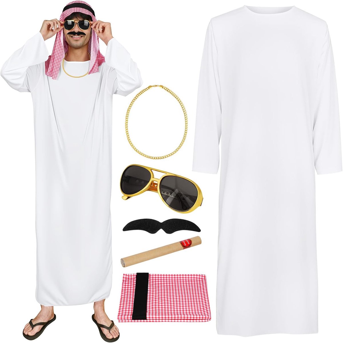 Kostuum Arabische sjechische set Tsjechisch kostuum heren met witte Arabische gewaad geruite hoofddoek bril en baard Sjikh Araber kostuum cosplay outfits carnavalskostuums Tsjechisch Arabo