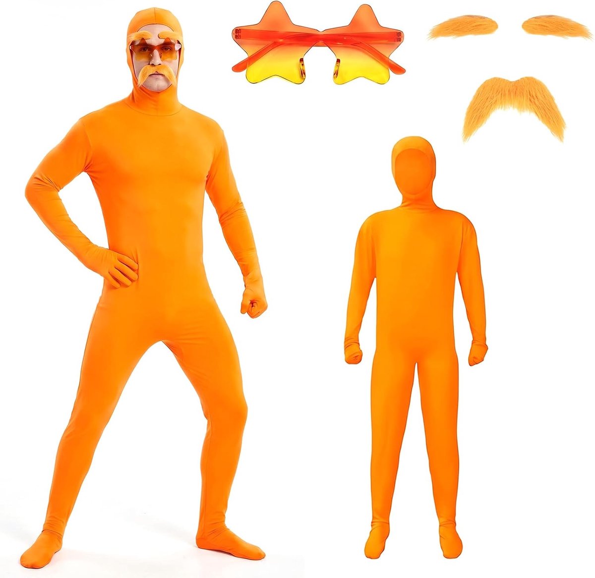 Carnavalskostuum, oranje, full-body pak met baard en sterrenbril