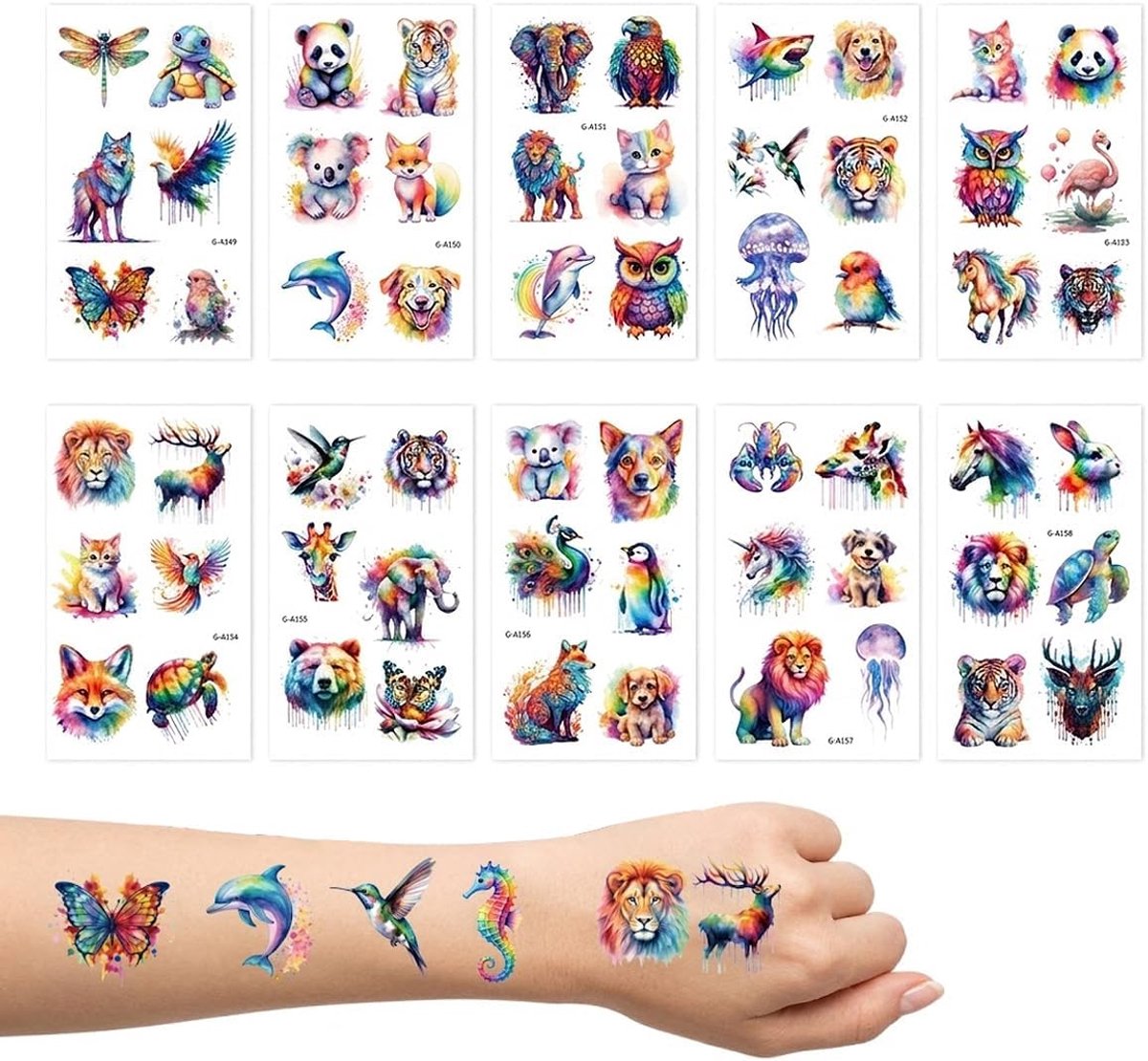 10 Bladen Dierentattoos voor Kinderen, Aquarel Tijdelijke Stickers, Decoratie voor Kinderfeestjes en Traktaties